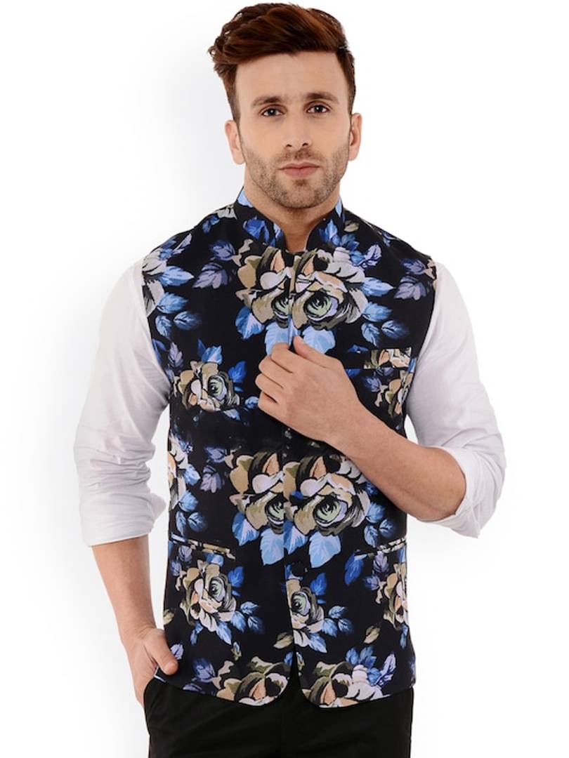Men's Navy Blue
Cotton Blend
Printed Nehru Jackets